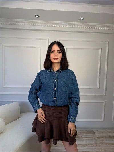 Bağcık Detaylı Oversize Denim Gömlek - LACİ