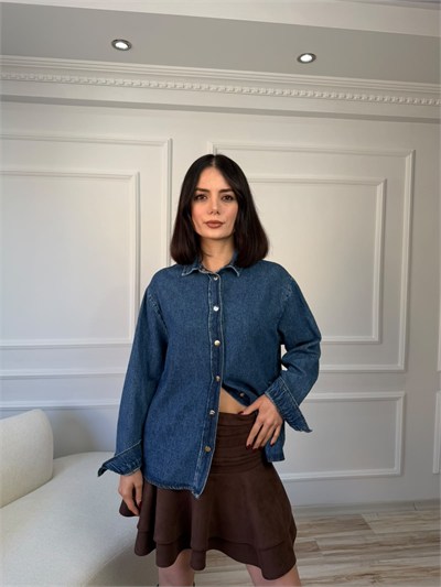 Bağcık Detaylı Oversize Denim Gömlek - LACİ