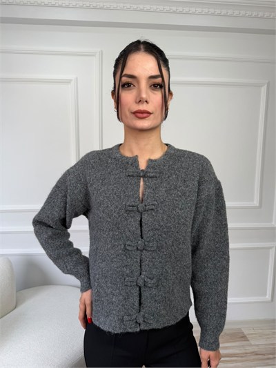 Düğüm Düğme Detaylı Triko Hırka - GRİ