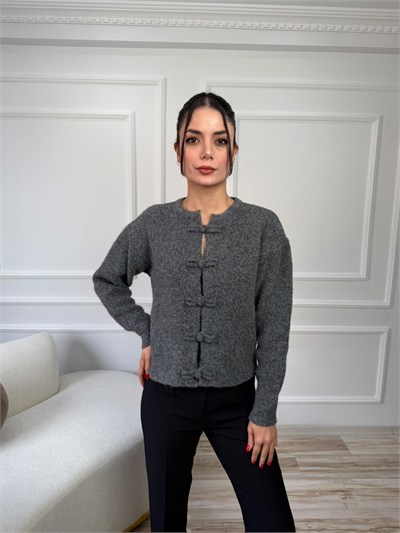 Düğüm Düğme Detaylı Triko Hırka - GRİ