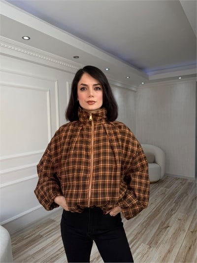 Ekose Desenli Fermuarlı Oversize Mont - KİREMİT