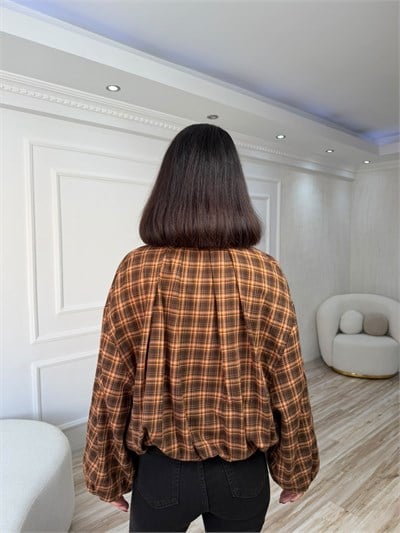 Ekose Desenli Fermuarlı Oversize Mont - KİREMİT