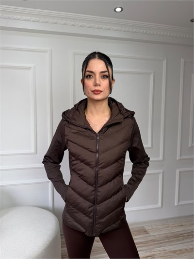 Kapüşonlu Dalgıç Kumaş Detaylı Şişme Mont - KAHVE