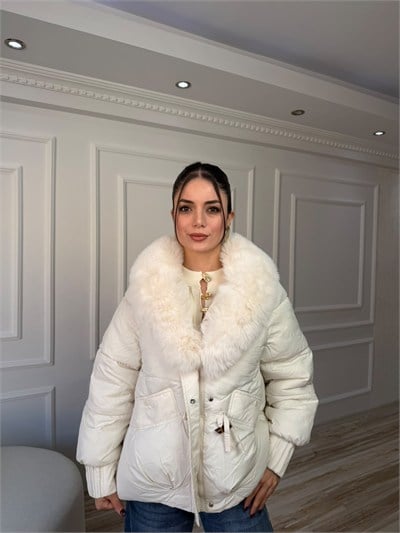 Kürk Yaka Büzgü Bel Şişme Mont - EKRU