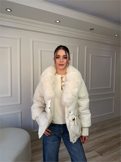 Kürk Yaka Büzgü Bel Şişme Mont - EKRU