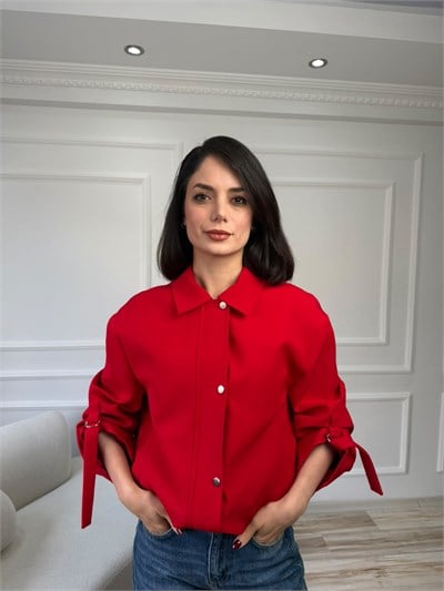 Tokalı Kol Detaylı Kısa Ceket - KIRMIZI