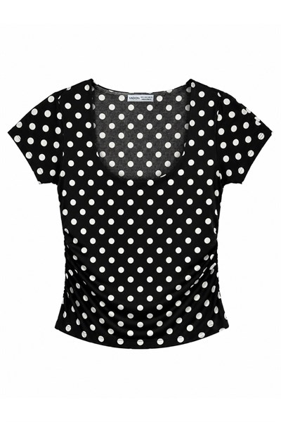 1004 Kadın Pamuklu Kare Yaka Puantiyeli Yan Büzgü Detaylı Crop T-Shirt Bluz Siyah