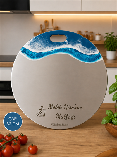 Dalga Temalı - Kişiye Özel Paslanmaz Çelik Pizza Sunum ve Kesim Tahtası – 32 cm