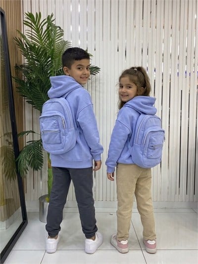 Kendinden Çantalı Unisex Çocuk Hırka- Mavi