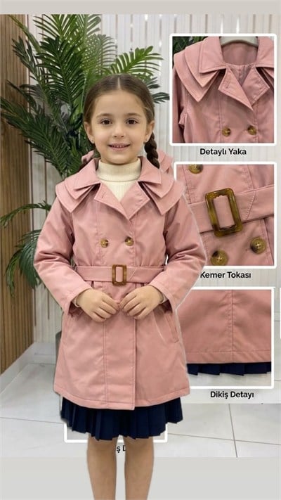 Kız Çocuk Pudra Pembe Kemer Detaylı Trençkot