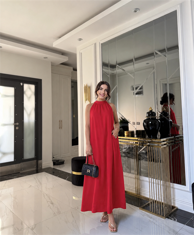 Kırmızı Boyundan Bağlamalı Astarlı Elbise