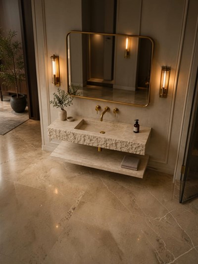 Doğal Traverten Oyma Ön Yüzlü Raflı Lavabo - AMSK26022
