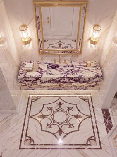 Oluklu Calacatta Viola Raflı Mermer Lavabo - AMSK26027