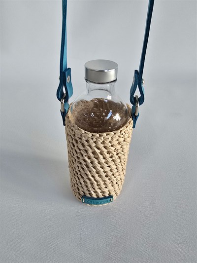 Örgü Şişe Çantası-Naturel Rafya, Turkuaz Askı