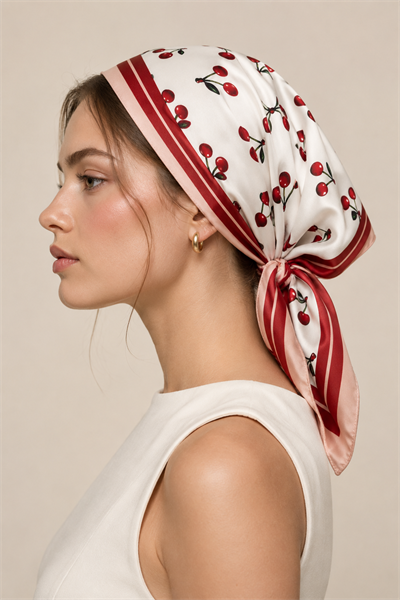 Kadın Kiraz Desenli Saten Fular Bandana 56x56 cm - Somon Bordo