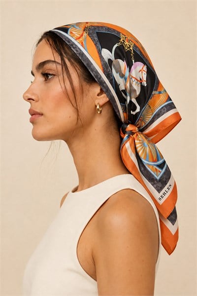 Kadın Kraliyet Atı Desenli Saten Fular Bandana 55x55 cm - Oranj