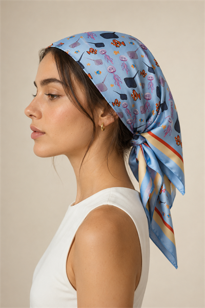 Kadın Pastel Mozaik Desenli Saten Fular Bandana 56x56 cm - Bebe Mavi