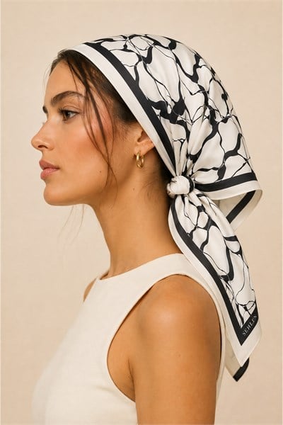 Kadın Soyut Abstract Desenli Saten Fular Bandana 55x55 cm - Orta Krem Siyah