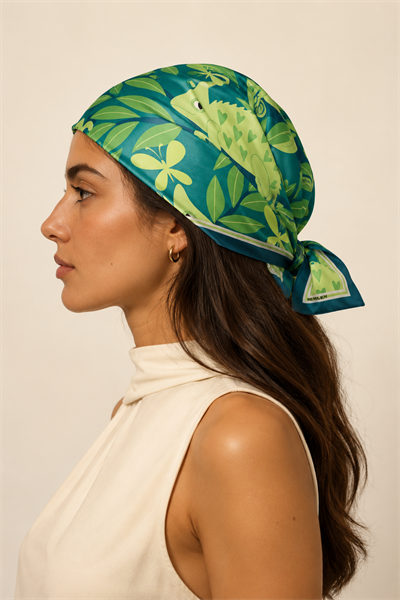 Kadın Tropik Bukalemun Desenli Saten Fular Bandana 55x55 cm - Petrol Canlı Yeşil
