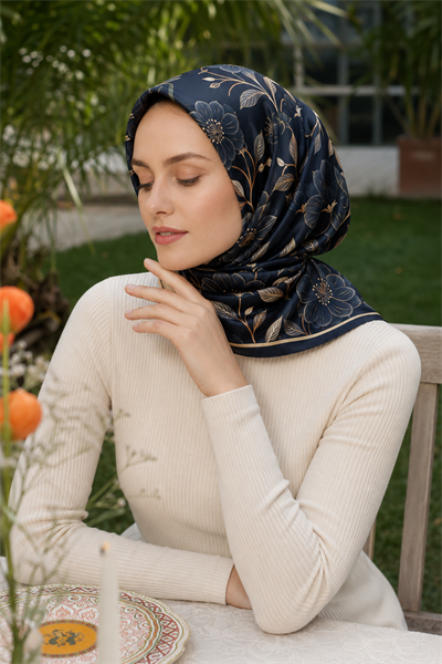 Soft Eşarp Gold Çiçek Desen - Lacivert