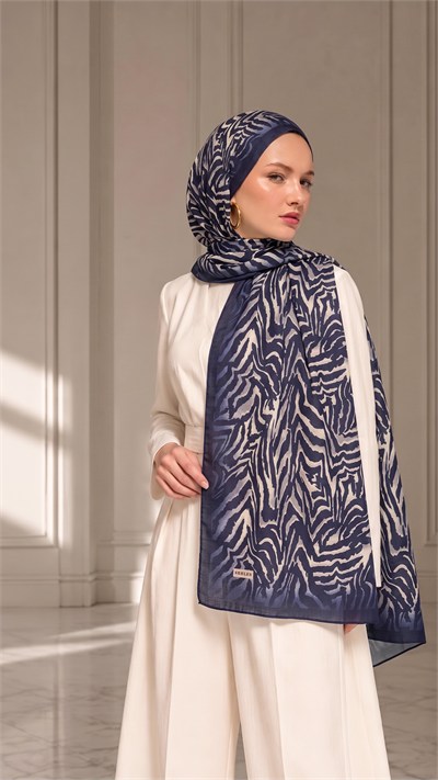 Zebra Desenli Soft Pamuklu Şal - Lacivert / Bej (032)