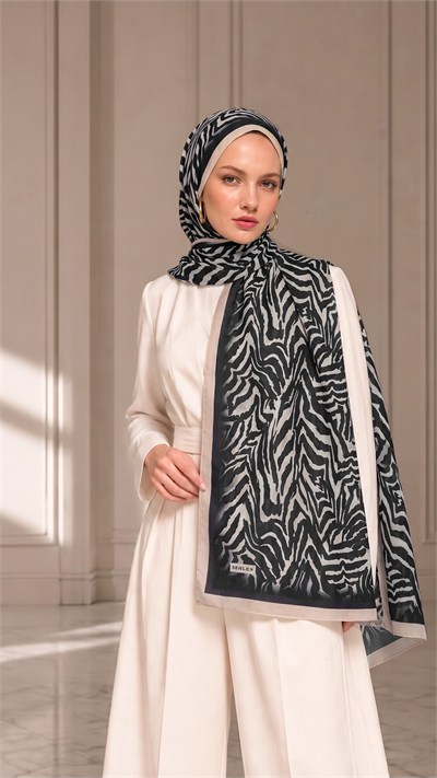 Zebra Desenli Soft Pamuklu Şal - Siyah / Ekru (031)