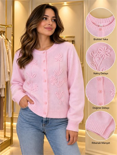 angora pembe düğme detay hırka  standart beden