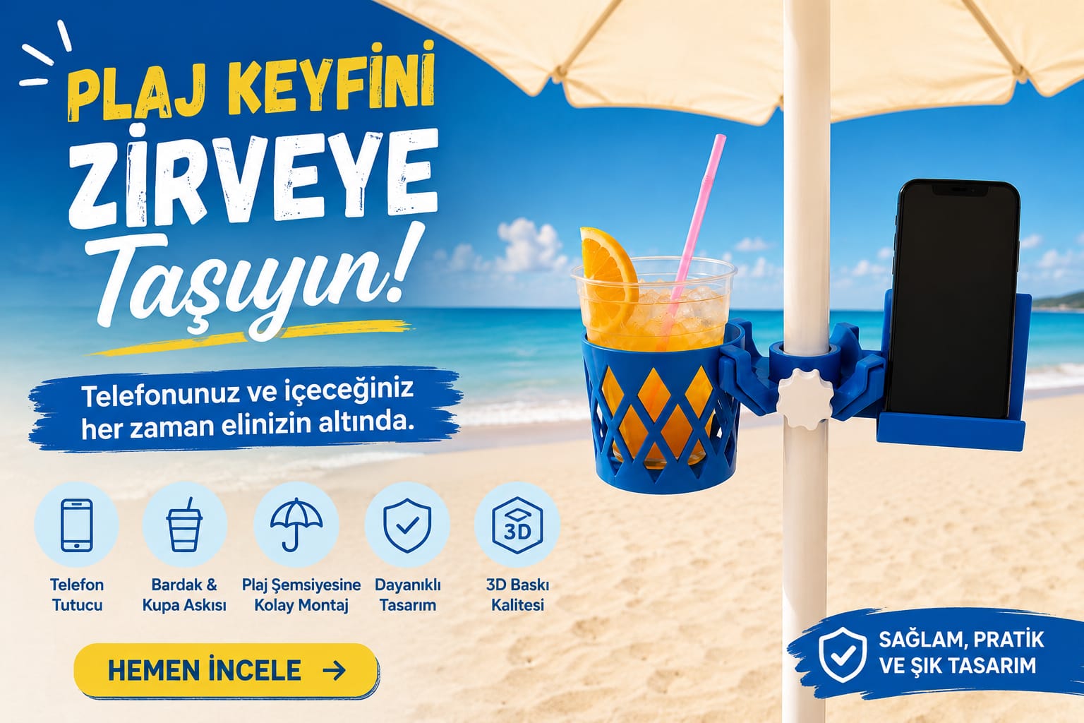 Plaj Şemsiye Askısı Brdaklık ve Telefon Tutucu