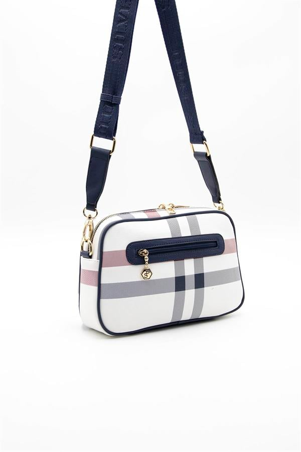 Silver & Polo SP1094 Kadın Çapraz Çanta Ekose Beyaz-Lacivert