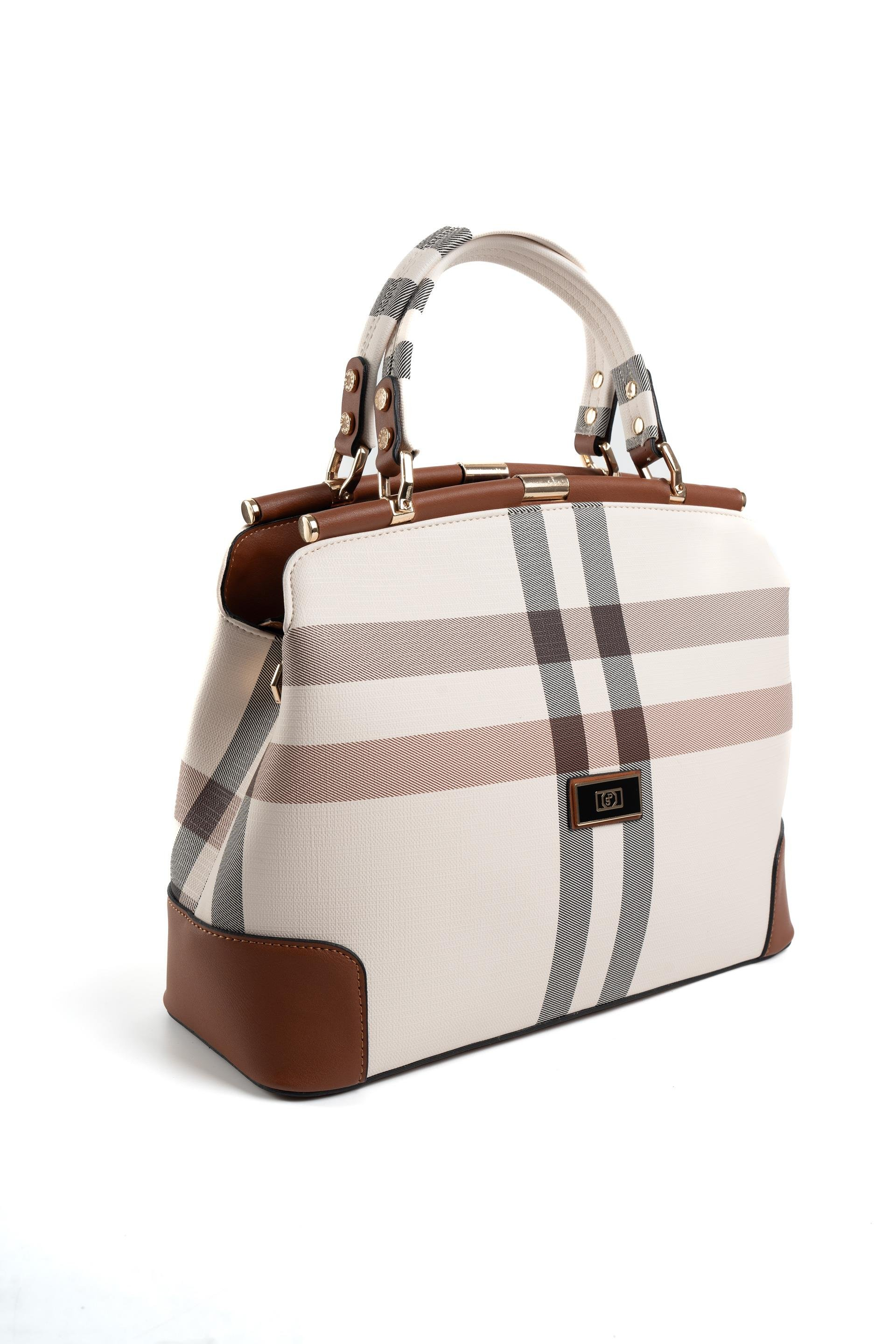 Silver & Polo SP706 Kadın El Çantası Ekose Krem-Taba