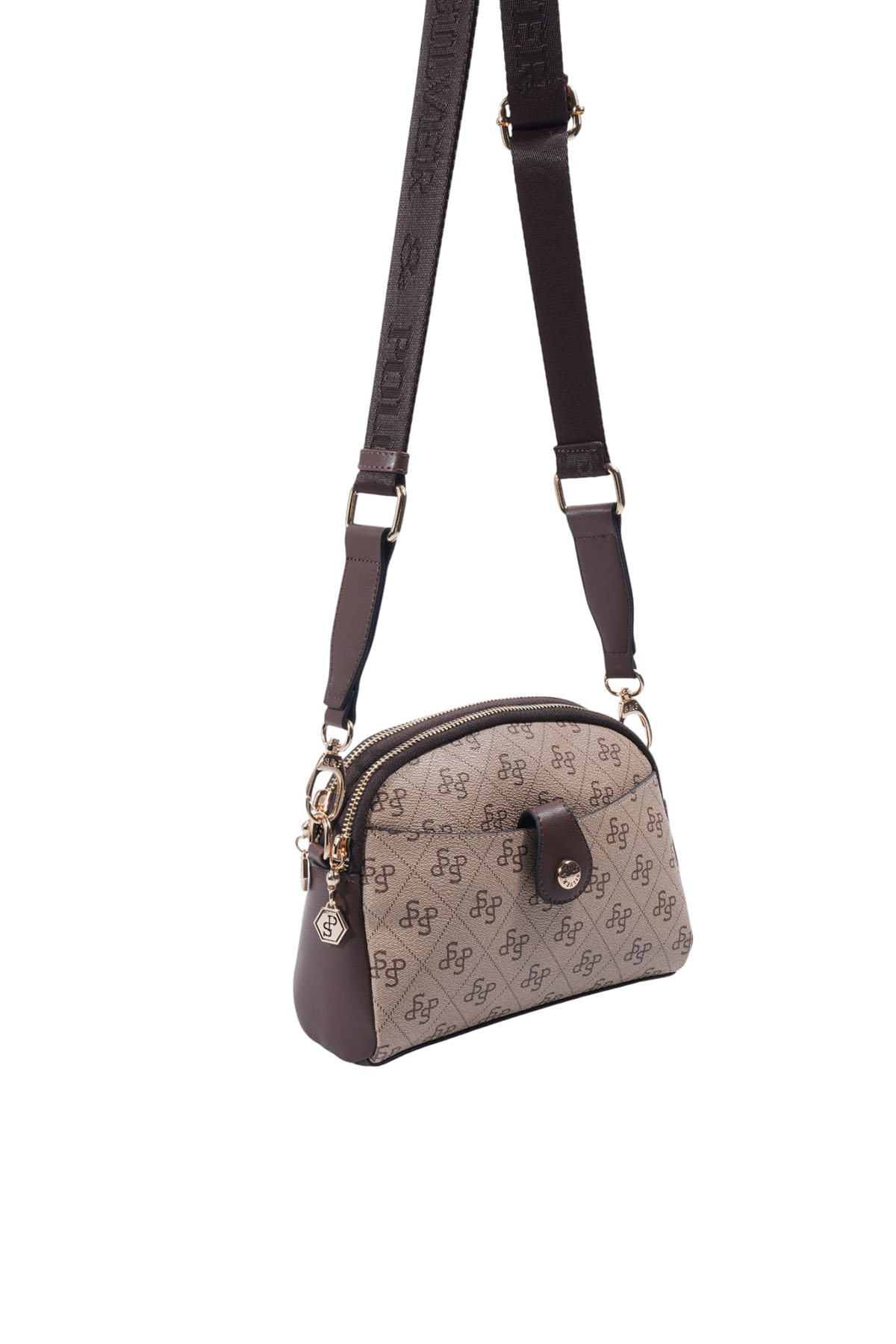 Silver Polo Koyu Bej - Kahve Monogram Kadın Çapraz Çanta SP1144