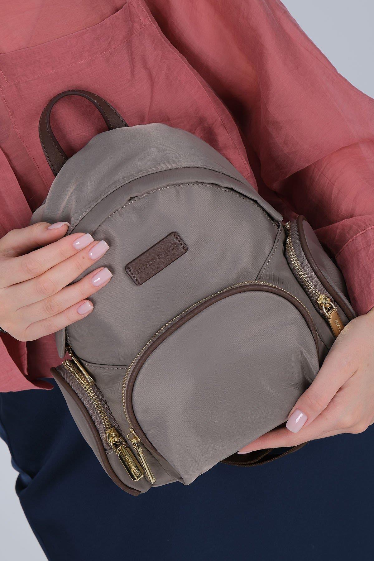 Silver Polo Kum - Kahve Saten Kadın Sırt Çantası SP1208