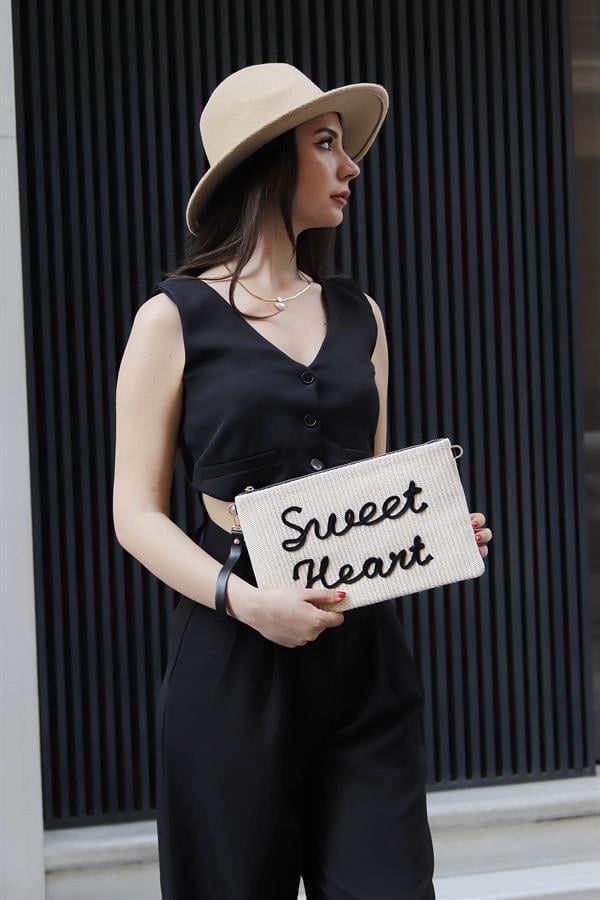 Silver Polo Bej - Siyah Dokuma Hasır Kadın Portföy ve Clutch El Çantası SP1034