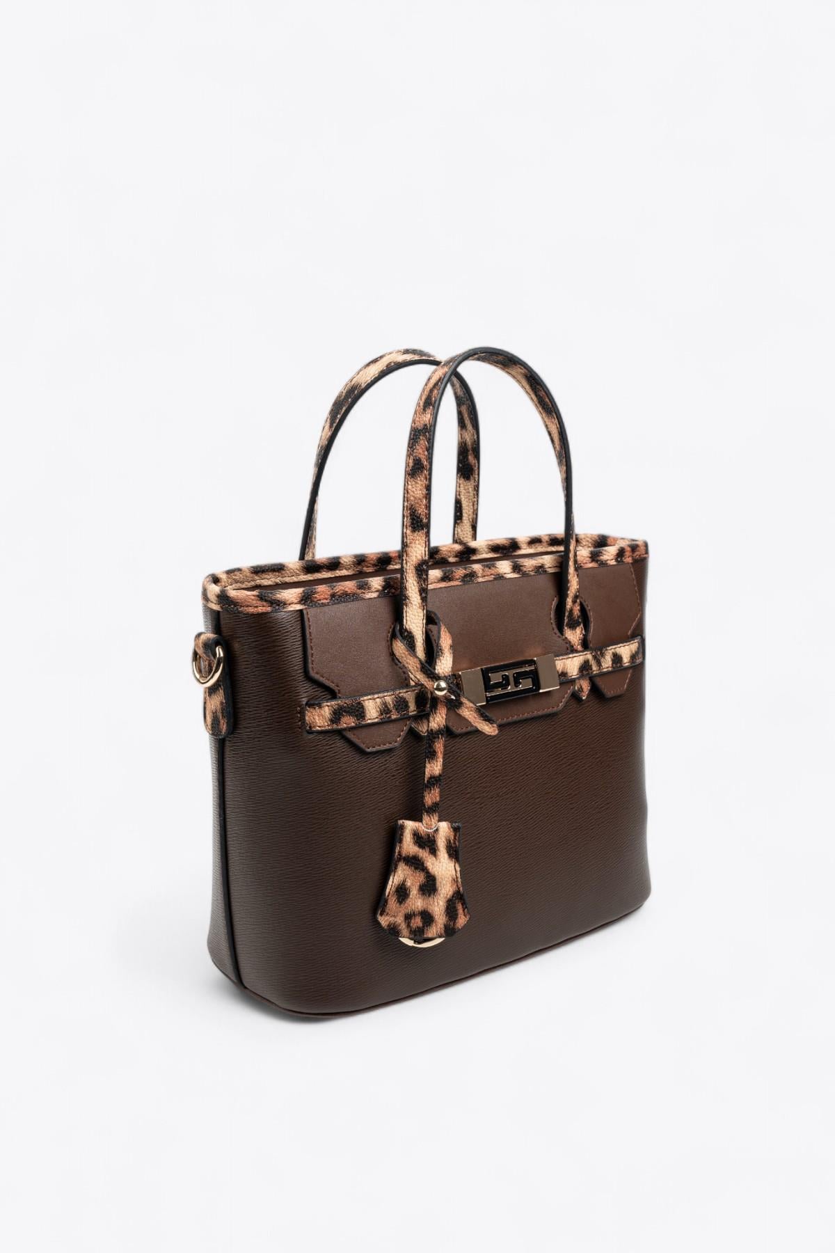 Silver Polo SP1185 Kadın El Çantası Düz Kahve-Leopar Taba