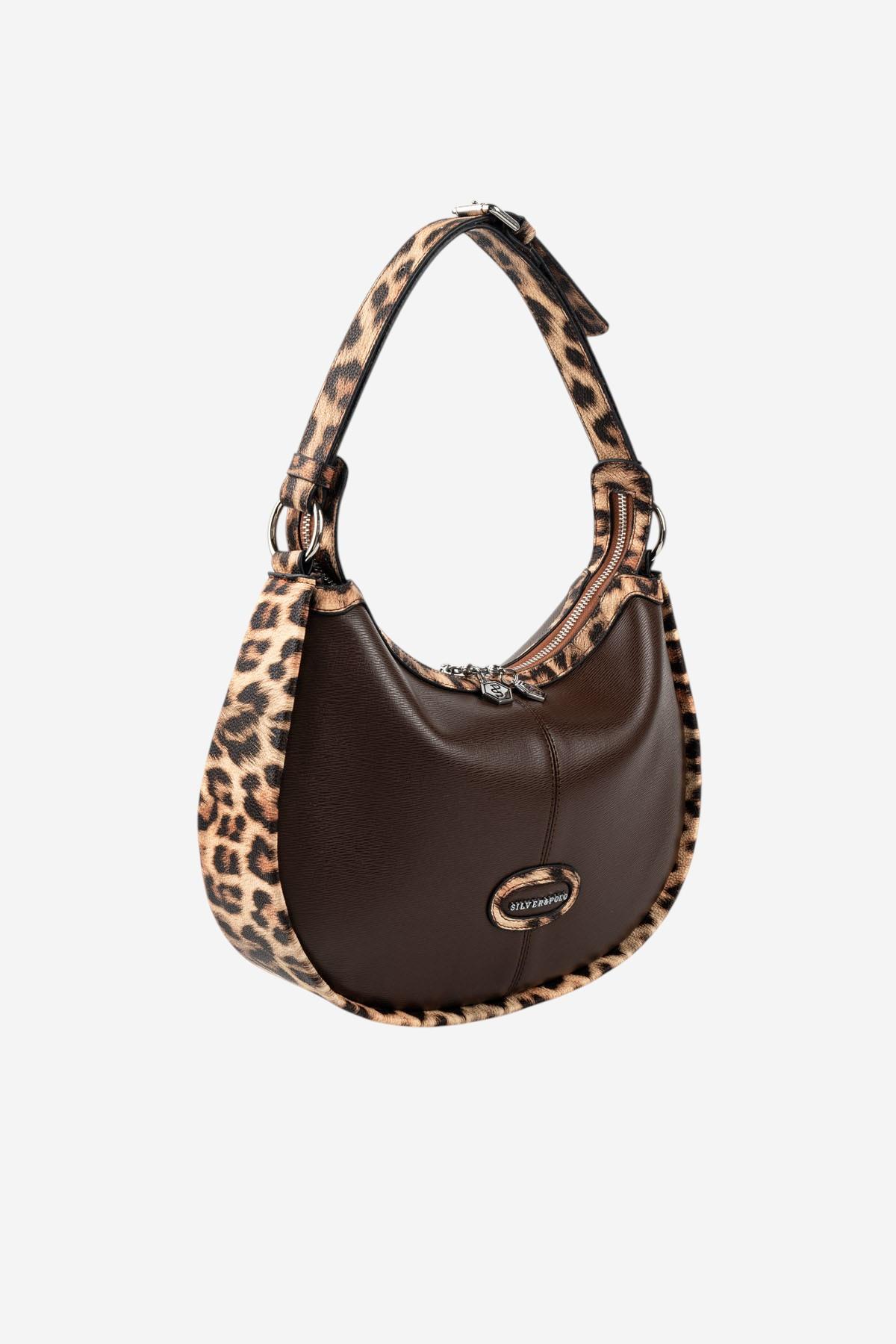 Silver Polo Kahve - Leopar Taba Düz Kadın Omuz Çantası SP1263