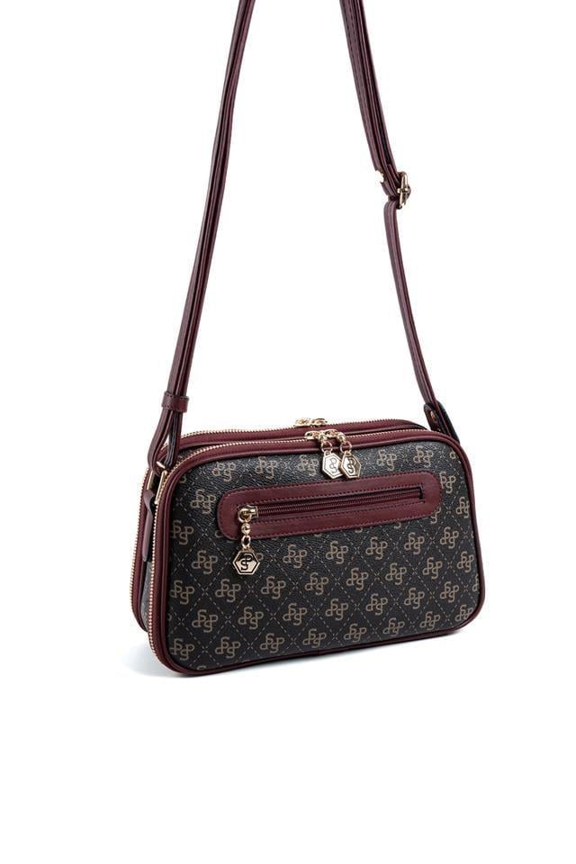 Silver Polo SP899 Kadın Çapraz Çanta Monogram Kahve Sarı-Bordo