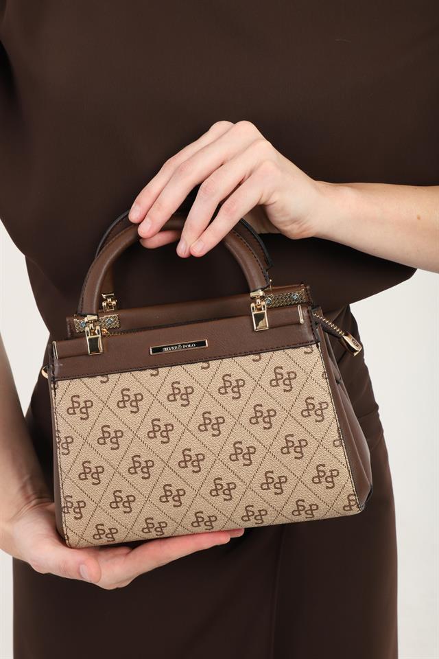 Silver & Polo SP1193 Kadın El Çantası Monogram Koyubej-Kahve