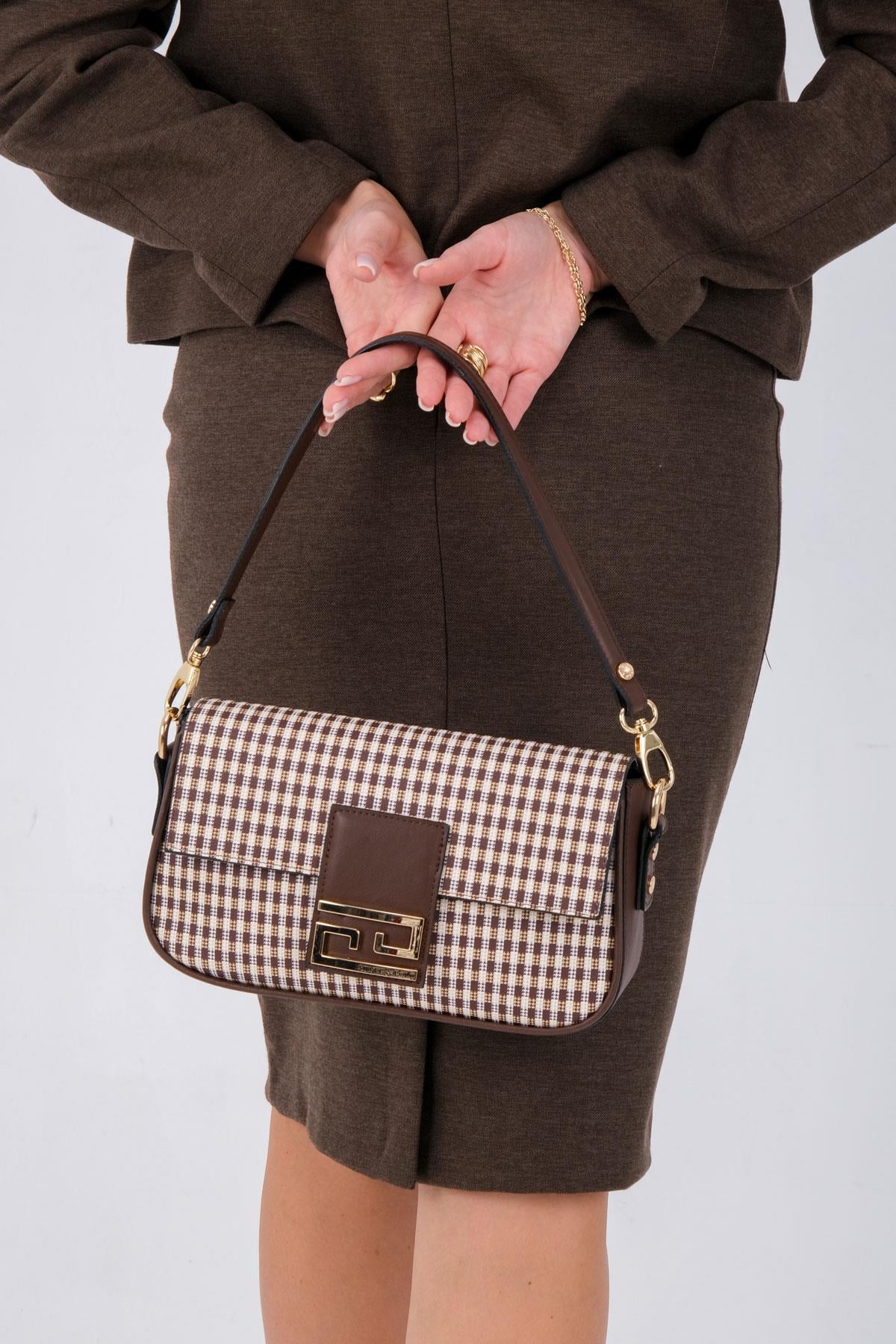 Silver Polo Kahve Sarı - Kahve Ekose Line Kare Kadın Omuz Çantası SP1179