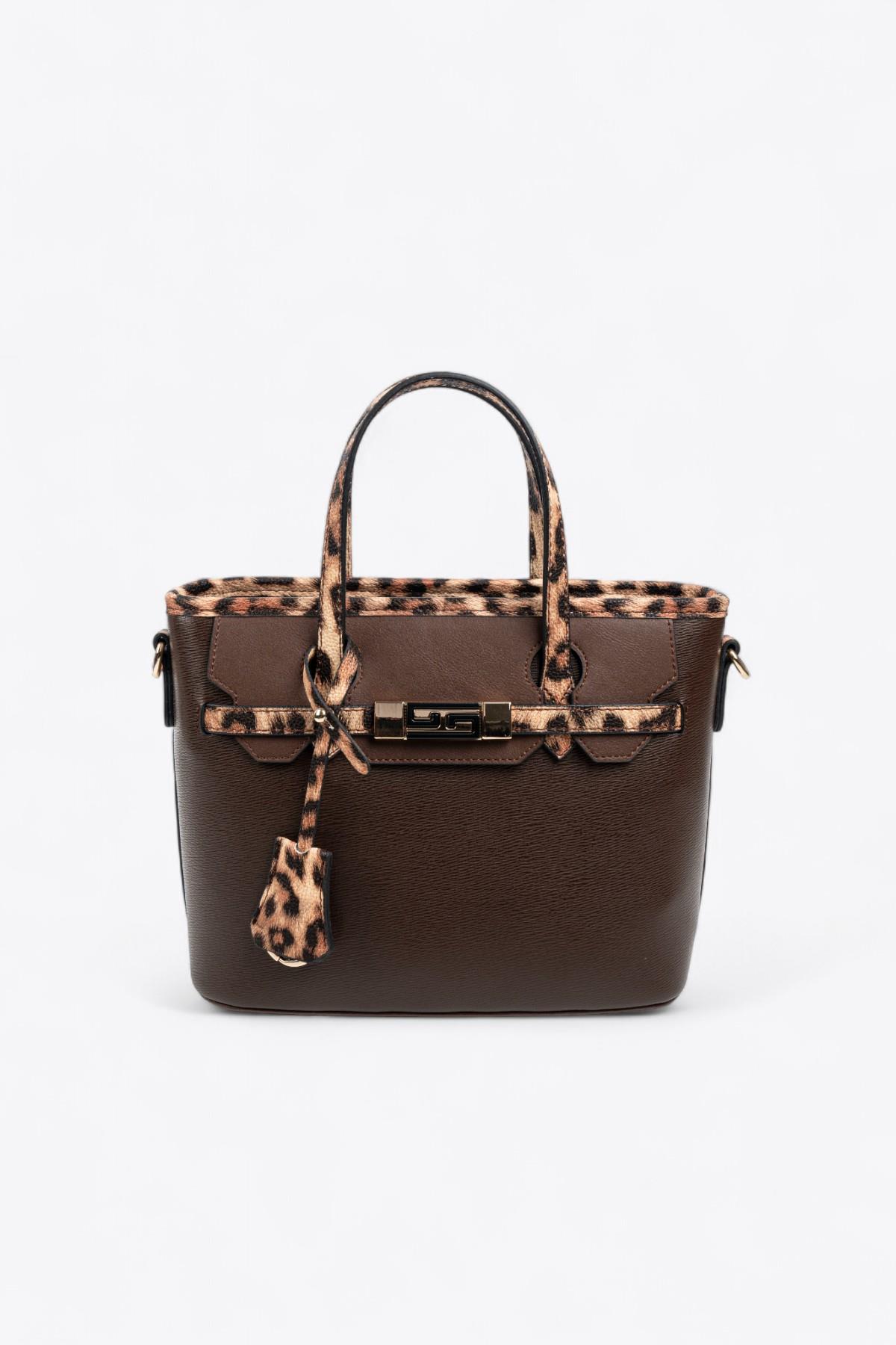 Silver Polo SP1185 Kadın El Çantası Düz Kahve-Leopar Taba