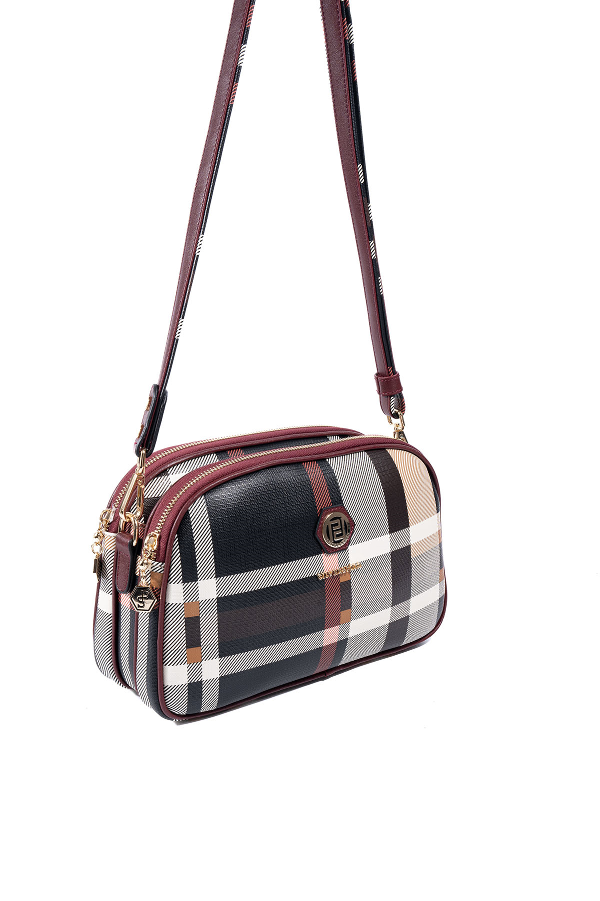 Silver & Polo SP745 Kadın Çapraz Çanta Ekose Siyah-Bordo