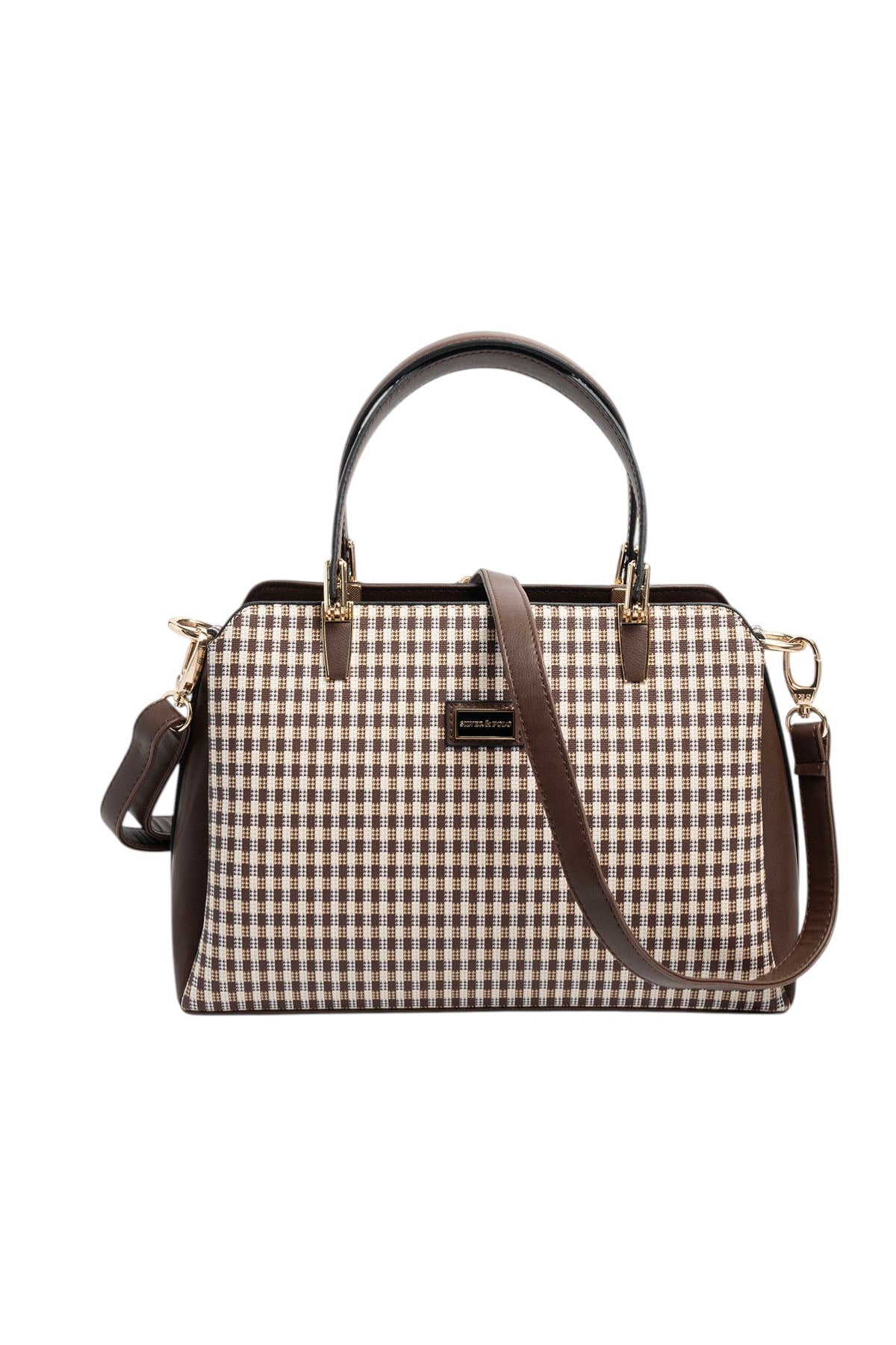 Silver & Polo SP9721 Kadın El Çantası Ekose Line Kare Kahve Sarı-Kahve