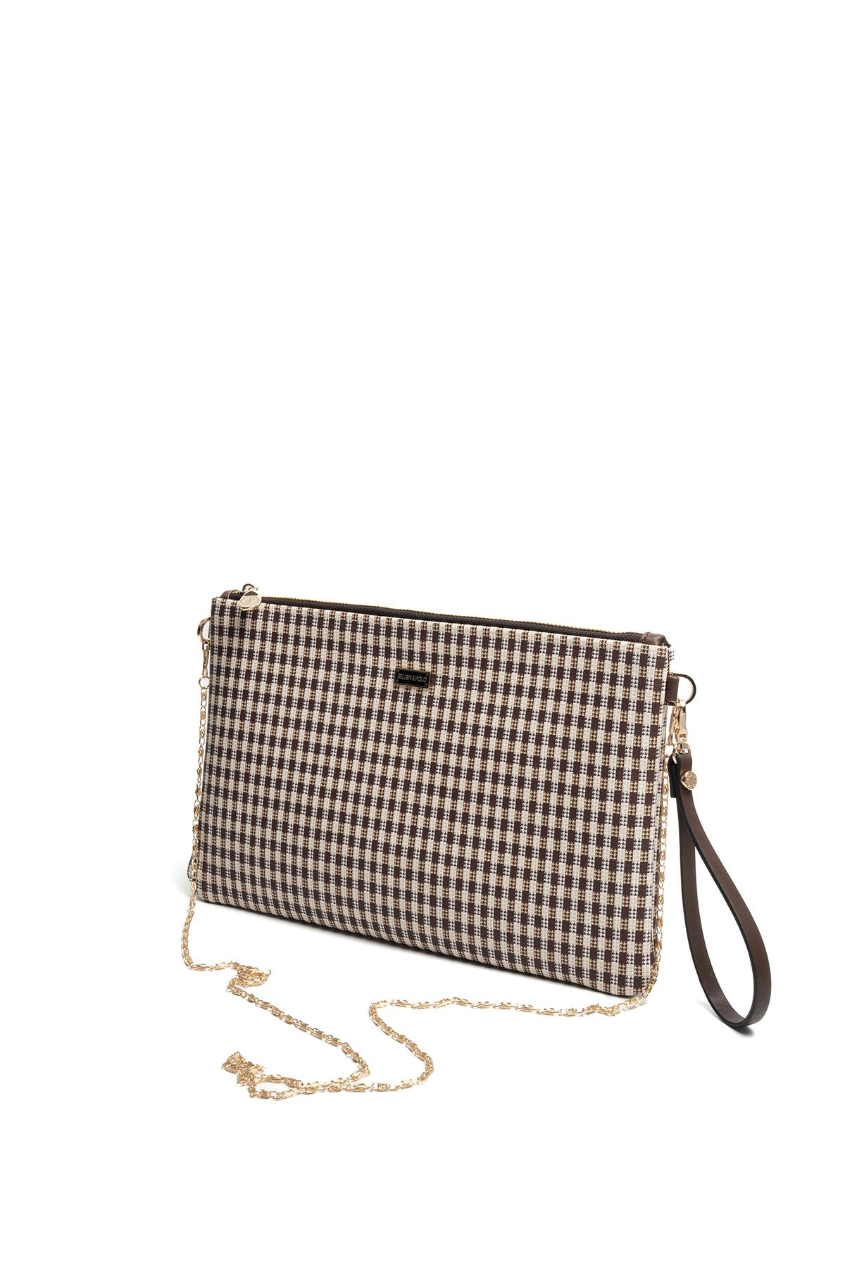 Silver Polo Kahve Sarı - Kahve Ekose Line Kare Kadın Portföy ve Clutch El Çantası SP1034