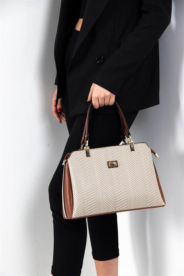 Silver & Polo SP972 Kadın El Çantası Hasır Bej-Taba