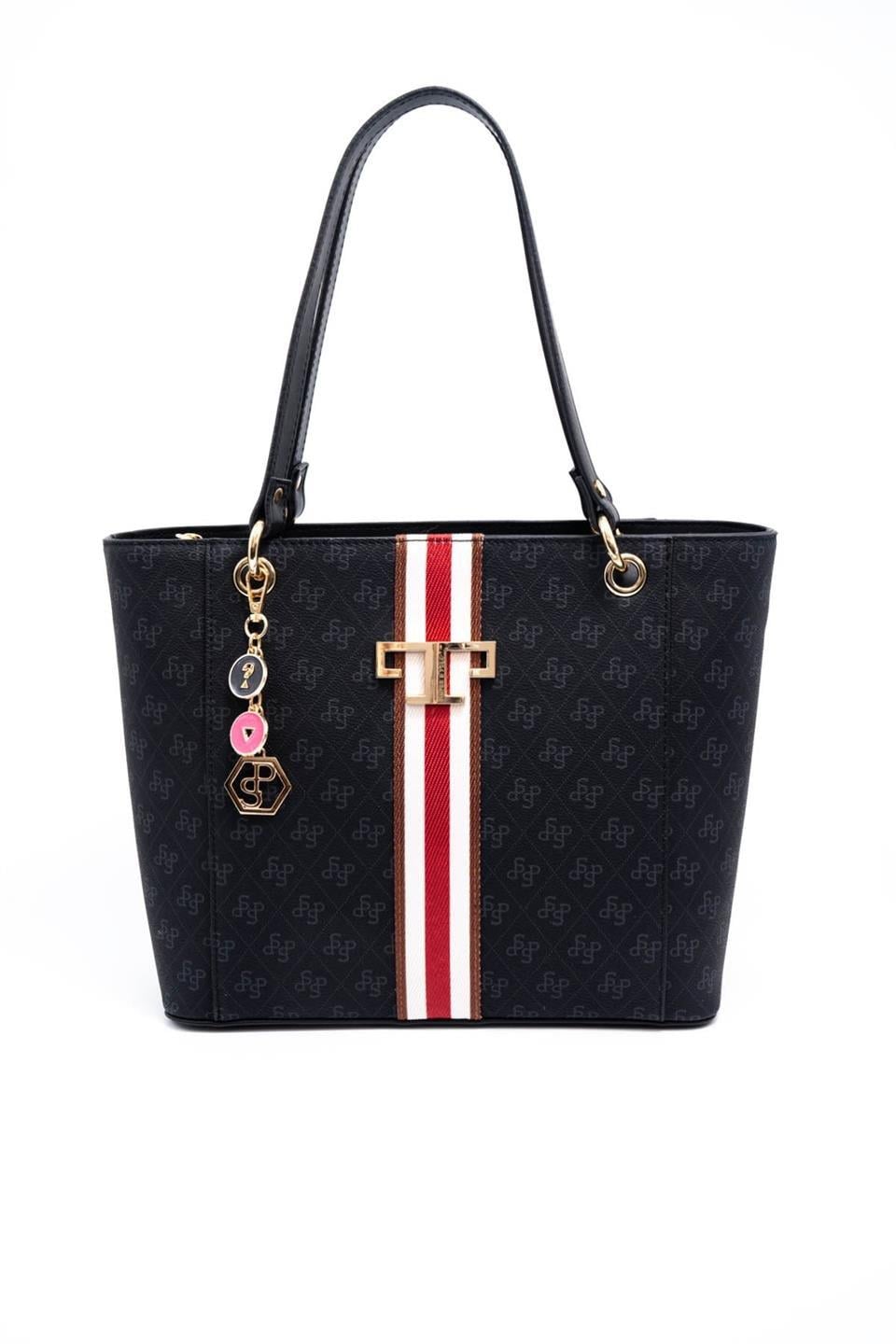 Silver & Polo SP1176 Kadın Omuz Çantası Şeritli Monogram Siyah