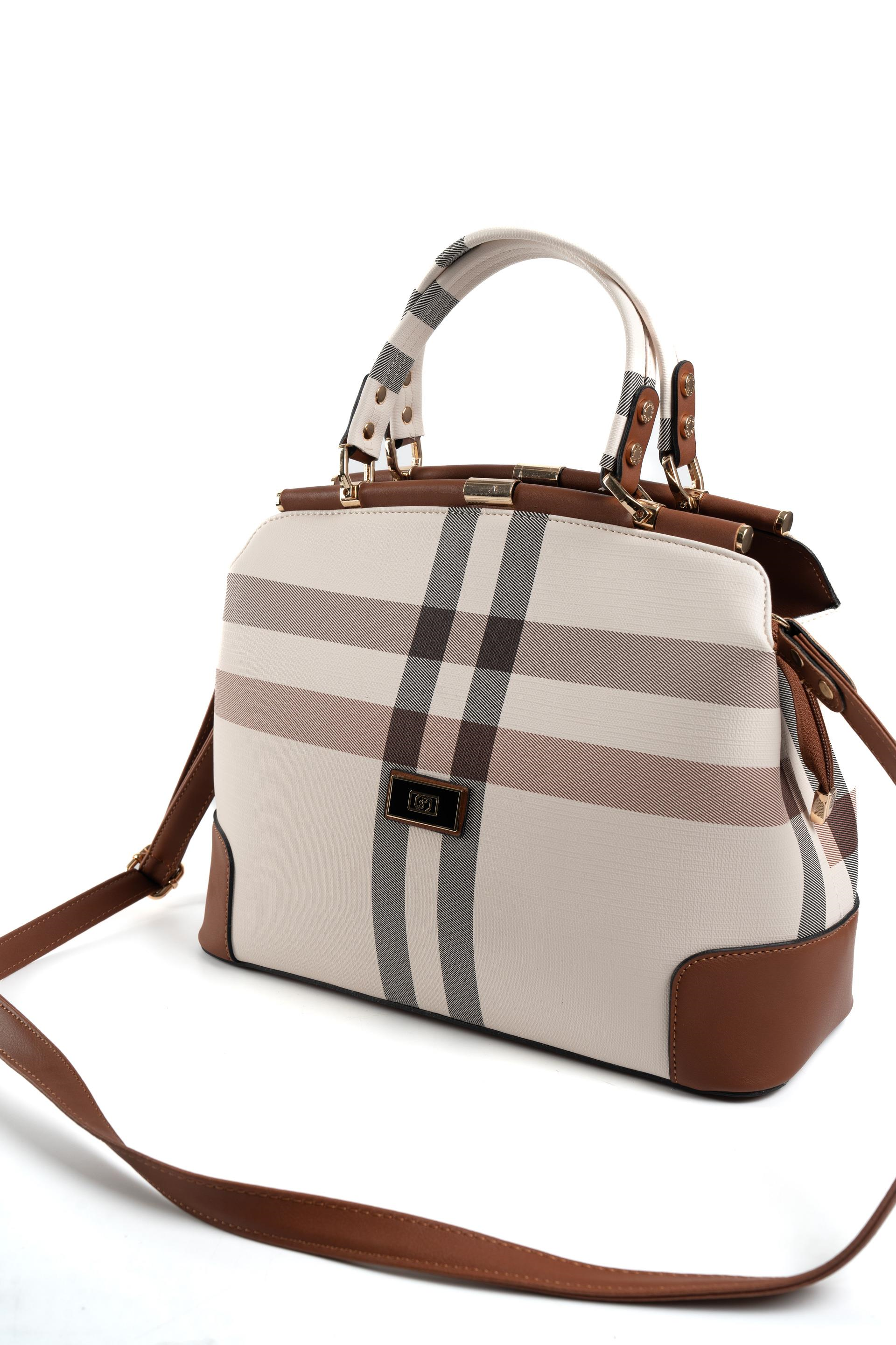 Silver & Polo SP706 Kadın El Çantası Ekose Krem-Taba