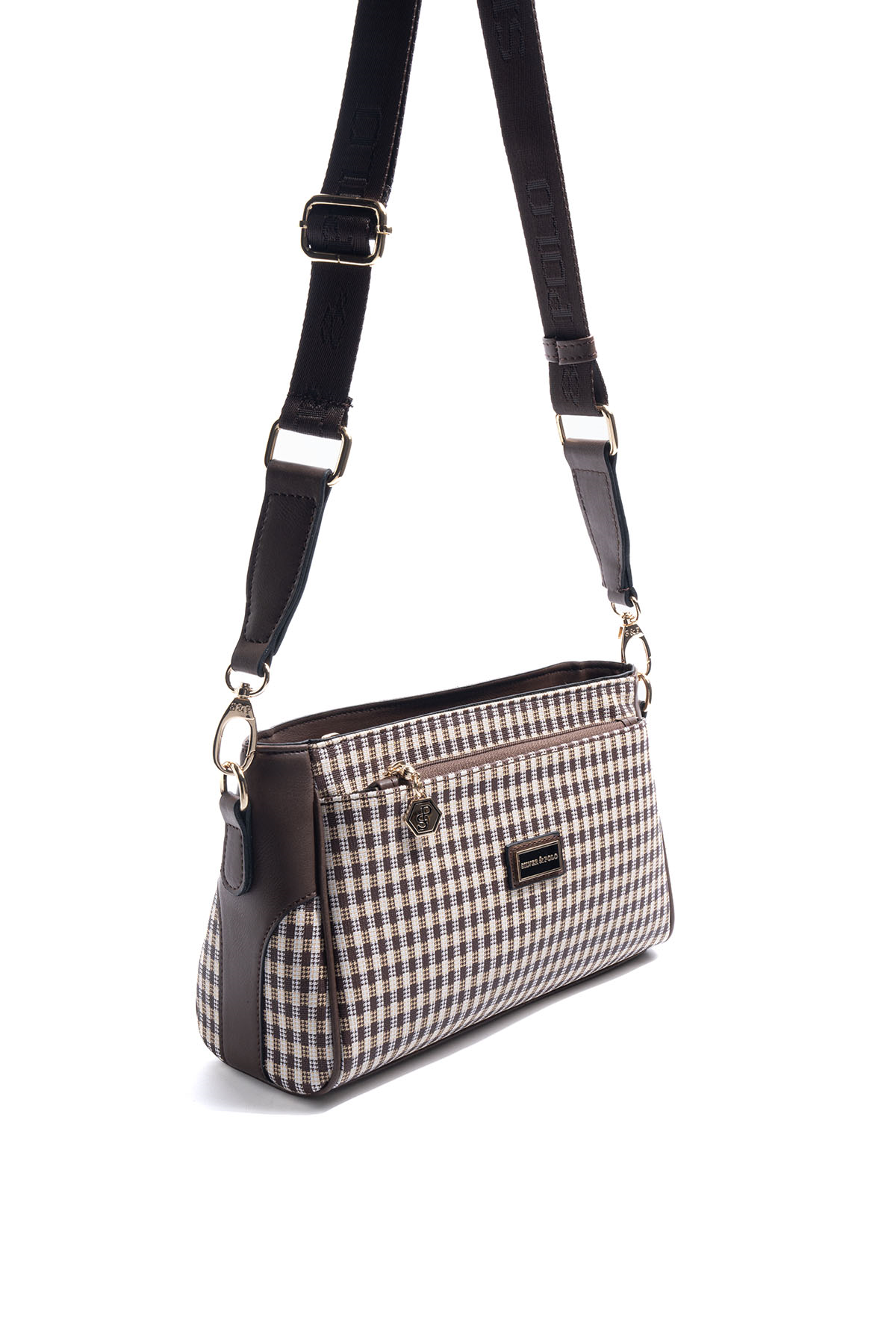 Silver & Polo SP1273 Kadın Çapraz Çanta Ekose Line Kare Kahve Sarı-Kahve