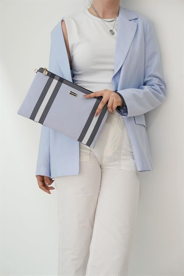 Silver Polo Mavi - Kemik Ekose Kadın Portföy ve Clutch El Çantası SP1034