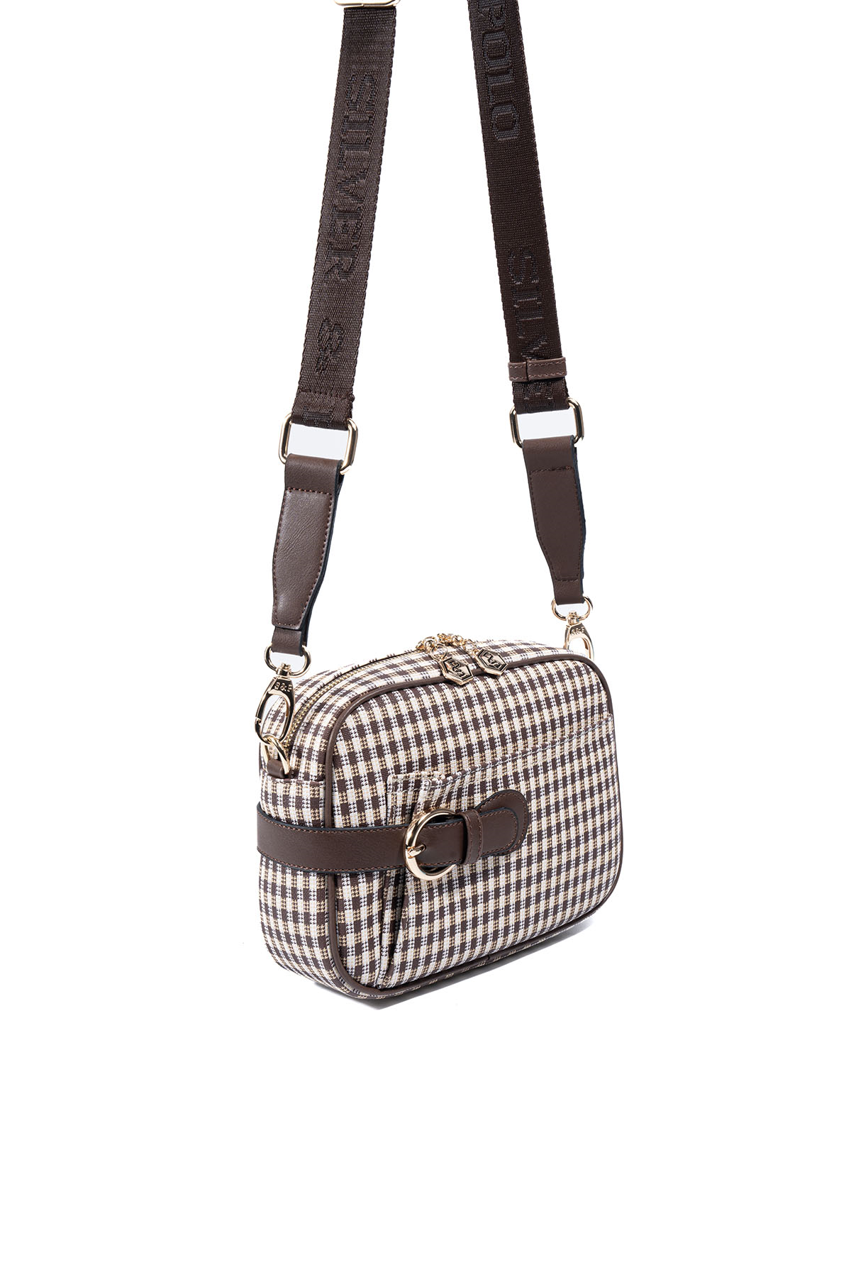 Silver Polo Kahve Sarı - Kahve Ekose Line Kare Kadın Çapraz Çanta SP1256