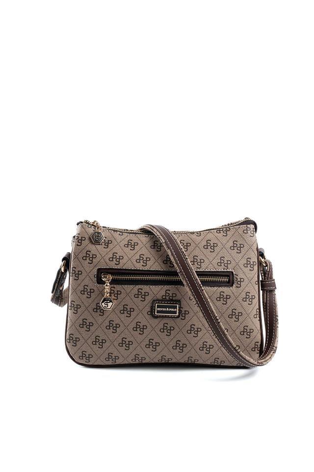 Silver Polo SP818 Kadın Çapraz Çanta Monogram Koyubej-Kahve
