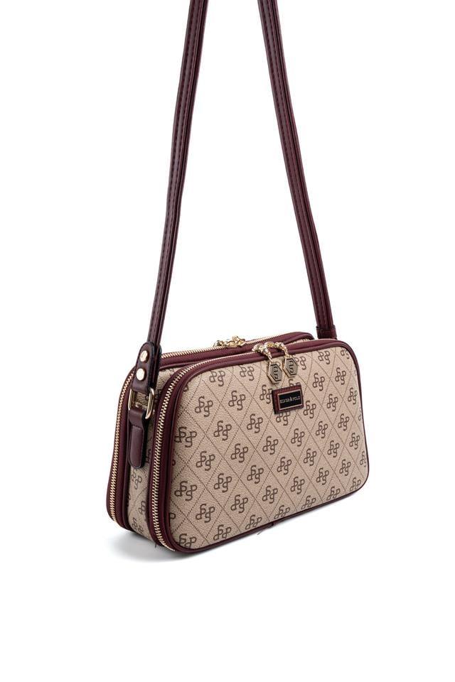 Silver Polo SP899 Kadın Çapraz Çanta Monogram Koyu Bej-Bordo